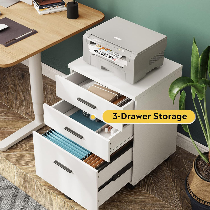 White Wood 3-Drawer Rolling Filing Cabinet with Wheels