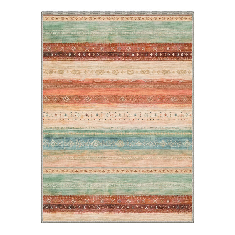 Tapis corail / bleu sarcelle rayé lavable à la machine avec envers antidérapant, Rectangle 120 po x 96 po
