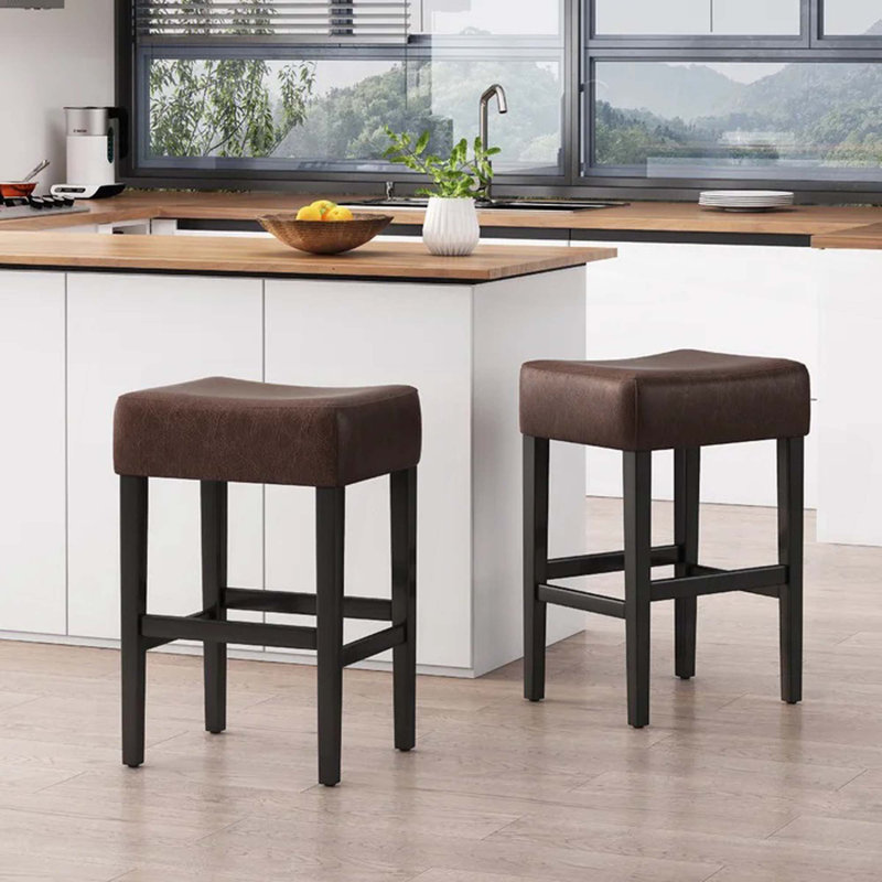 Set of 2,Backless Leather Barstool, Dark Brown, Counter Stool (26.75" Seat Height)