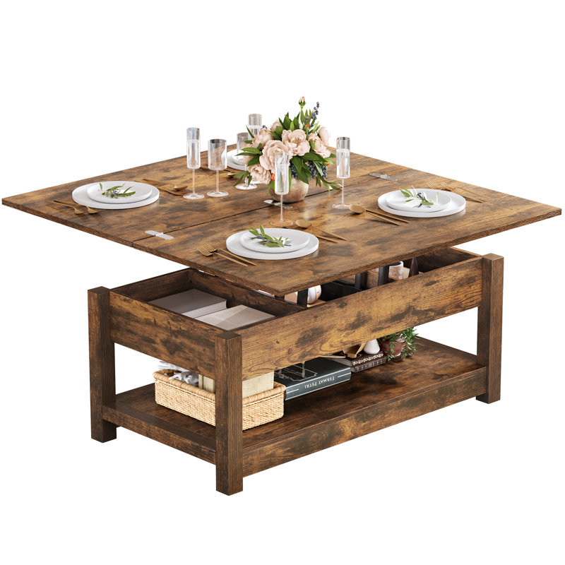 Bojko Multi-Function Lift Top Coffee Table with Hidden Compartment and Storage Shelf, Rustic Brown, Rustic Brown