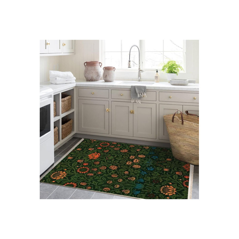Tapis lavable à la machine à motif floral orange foncé et lierre vert foncé, Tapis de couloir 2 pi 6 po x 6 pi 7 po inclus
