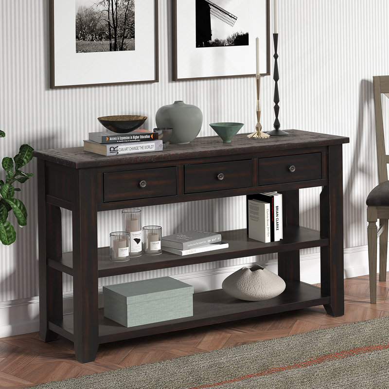 Console en bois de pin massif 48 po, table d'appoint moderne avec 3 tiroirs de rangement et 2 tablettes, facile à assembler