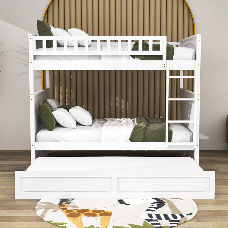 Lit superposé double en bois avec lit gigogne simple, lit superposé en bois de pin avec garde-corps, Blanc