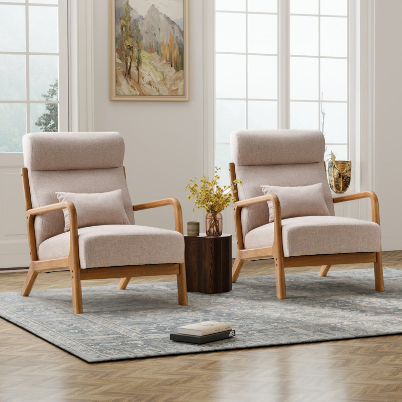 66cm Wide Mid-Century Solid Wood Frame Upholstered Armchair with Lumbar Support Pillow, Beige Linen