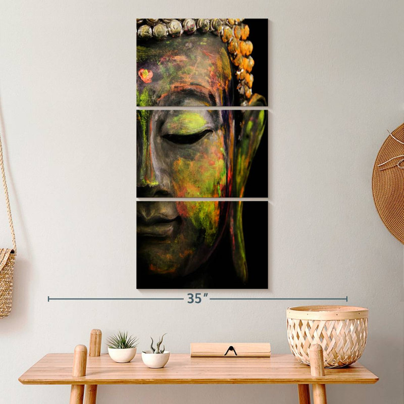 Demi-face de bouddha sur toile, ensemble de 3 pièces, H 32 po x l 15 po x P 1,25 po
