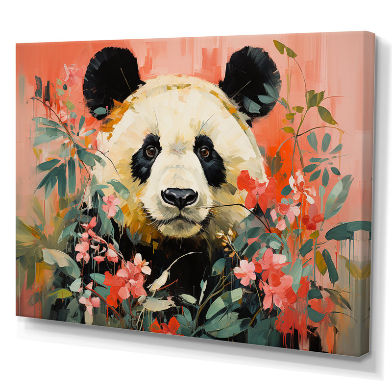 Panda blanc et rose en fleurs IV - art mural animal panda, Toile tendue, H 34 po x l 44 po x P 1,5 po