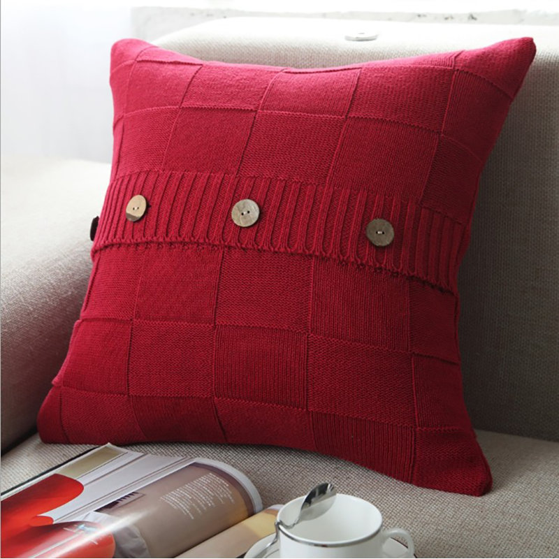Wine Red Knitted Button Throw Pillow Cover – Cozy Sweater Style with Wooden Button Accents 18"x18", Wine Red