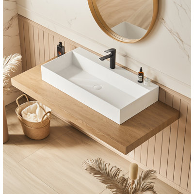 Évier vasque rectangulaire à surface solide de 36 po x 18 po à fixation murale blanc mat avec trou pour robinet. Salle de bain spacieuse pour les intérieurs de salle de bain modernes. Qualité de la pierre en résine. Facile à installer rectangulaire