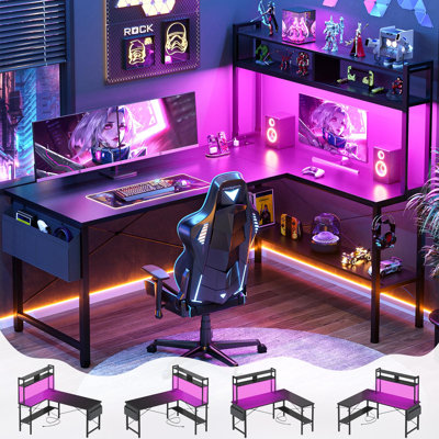 59" L Shaped Computer Desk with LED Light & Power Outlet