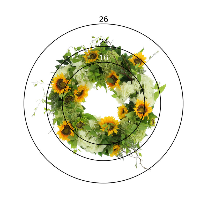 26" Assorted Hydrangeas And Sunflowers Arranged On A Wreath