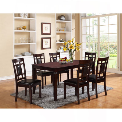 7-Pc Dinette Set Brown Espresso Finish Rectangular Table Faux Leather Upholstery Padded Lattice Design Side Chairs Dining Room Wooden Dining Set Furni