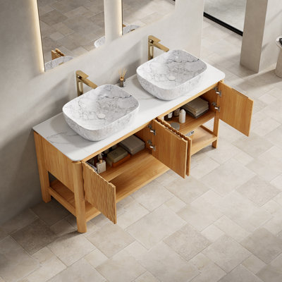 Élégante coiffeuse de 60 po avec lavabo, rangement moderne en grain de bois et plateau en marbre