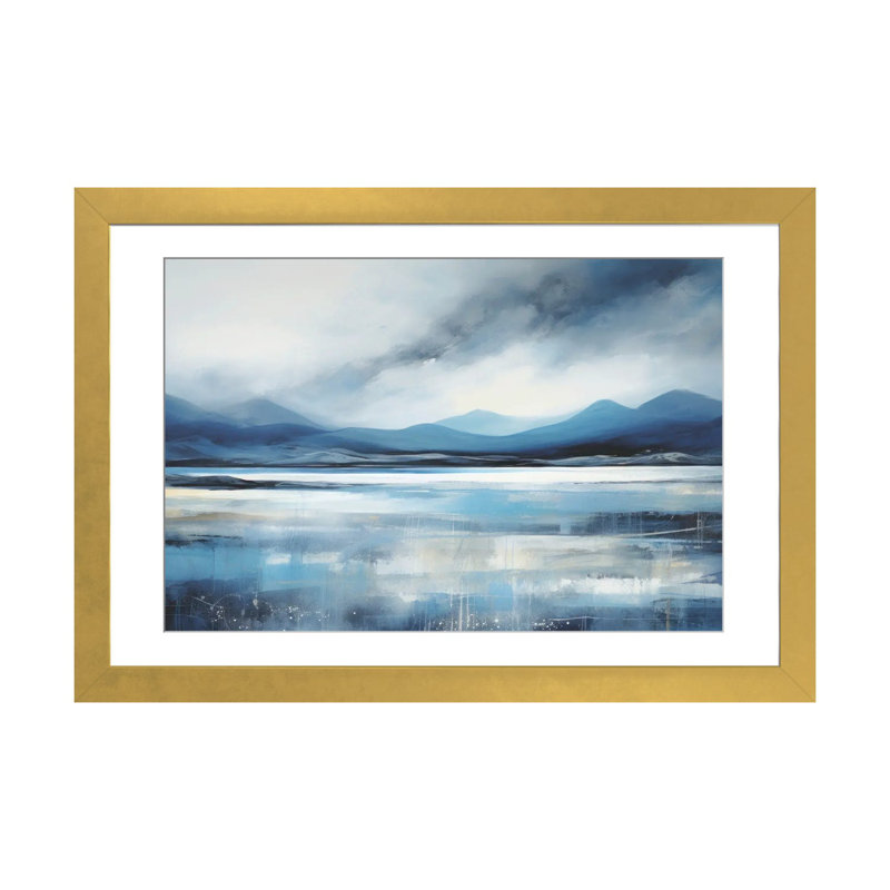 «Blue Abstract Lake», reproduction d'art murale - papier d'art encadré, H 24 po x l 32 po, Doré