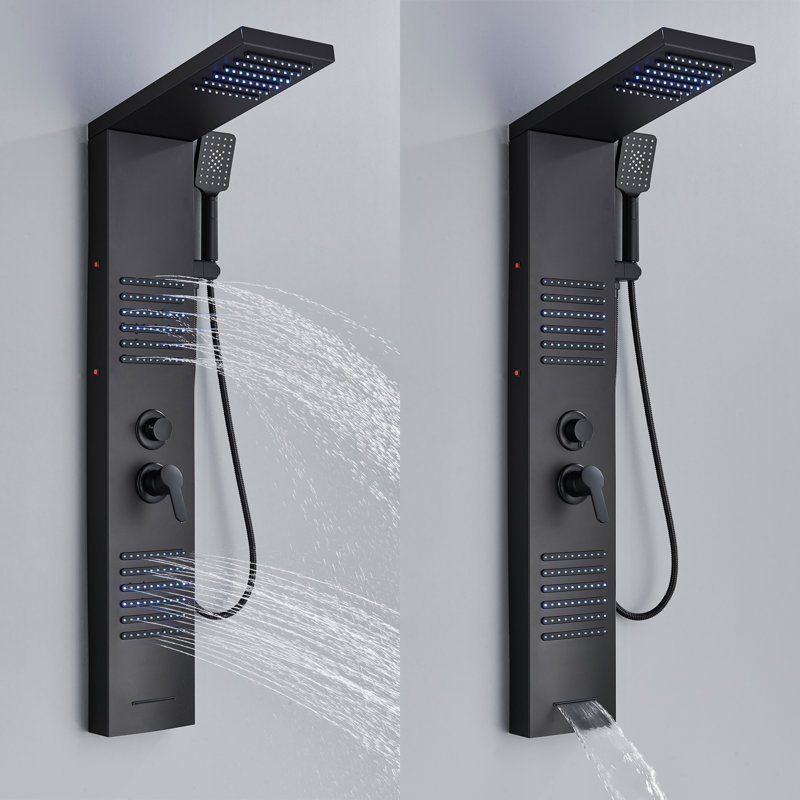 Système de tour de douche avec lumières DEL, panneau de douche 5 en 1 avec pomme de douche à pluie, jet pour le corps, douche à main, bec de baignoire (noir) en acier inoxydable 