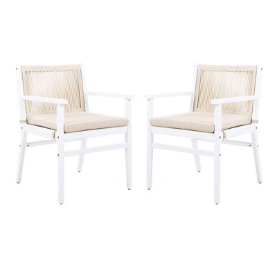 2 chaises de salle à manger d'extérieur, fauteuil de patio en bois avec dossier en corde, coussin hydrofuge, structure blanche, capacité de poids de 400 lb, siège ergonomique, housse de coussin amovible, lavable à la machine,