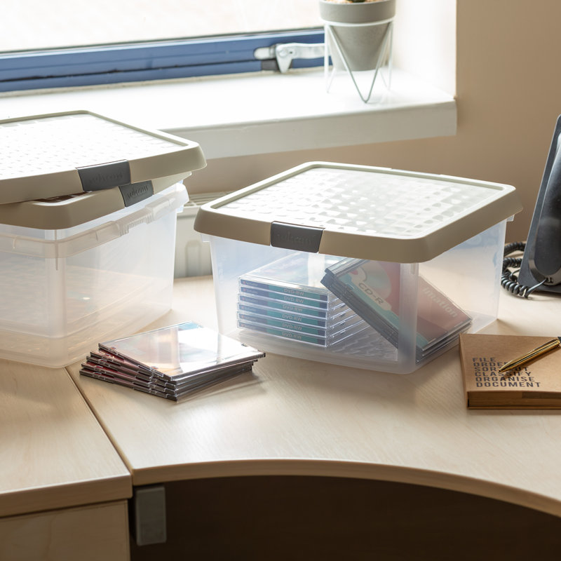 Wham Clip 9L Square Plastic Storage Boxes with Secure Clip Lock Lids. L:29 x W:29 x H:15.5cm Clear/Stone/Slate Grey, Grey