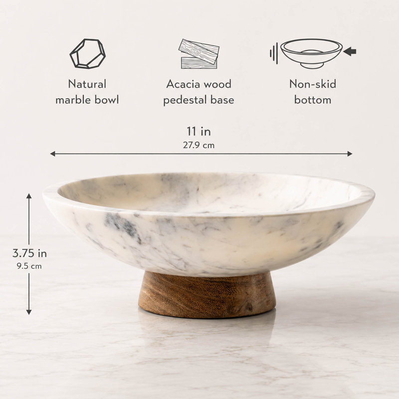 Bol décoratif en marbre 11 po, base piédestal en bois d'acacia