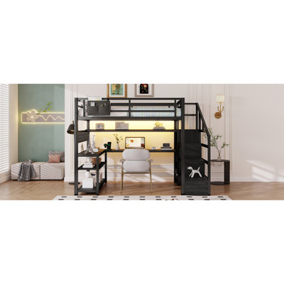 Full Size Loft Bed With Staircase And Wardrobe, Metal Loft Bed With Desk, Storage Shelves, LED Lights And Charge Station,Black(Expect Arrival Date 2025/12/15)