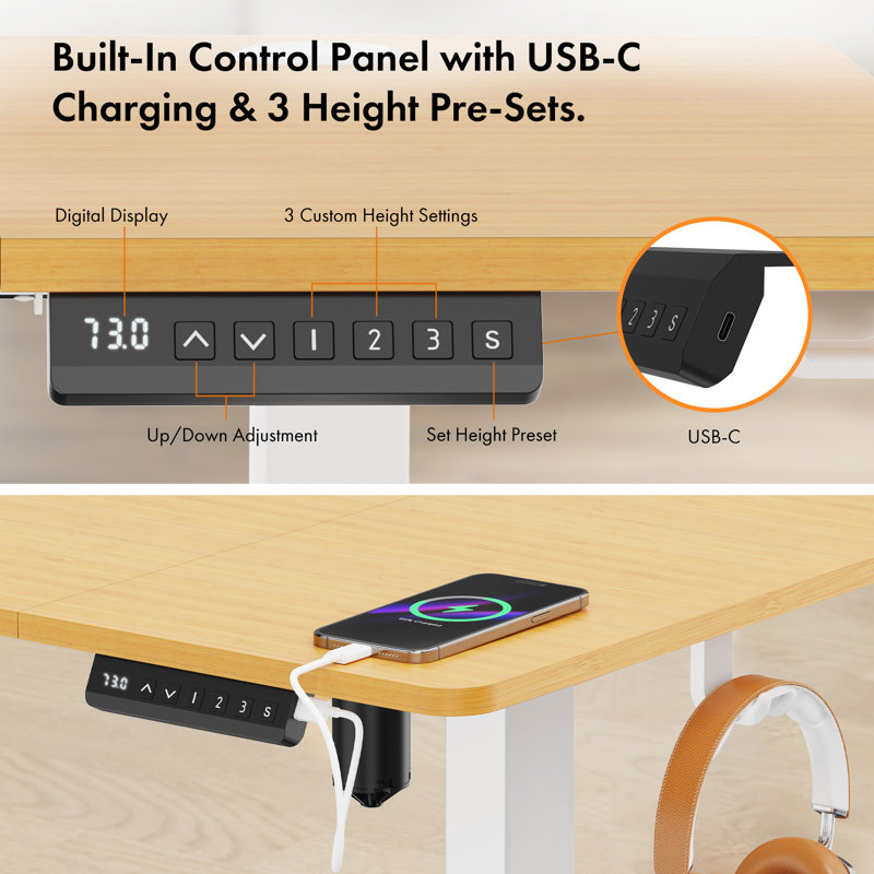 Adjustable Metal Base Standing Desk, 140 W x 60 D, Maple/White