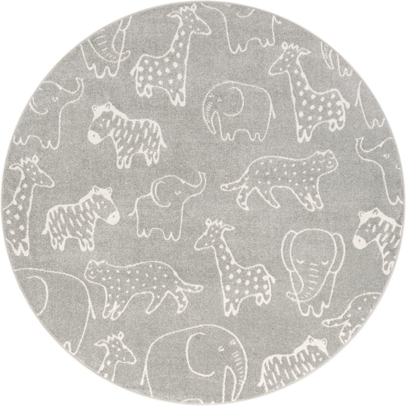 Whimsy Safari Animals Kid Rug, Rectangle 7'10" x 10', Gray/Ivory