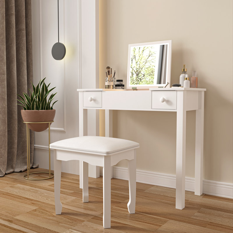 Tabouret de coiffeuse moderne en similicuir blanc avec pieds décoratifs en bois massif, siège de maquillage rembourré pour piano, chambre à coucher, vestibule