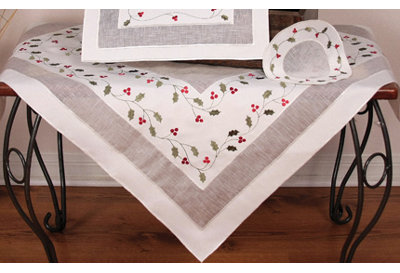 Classic Holly Embroidered Cutwork Holiday Table Topper
