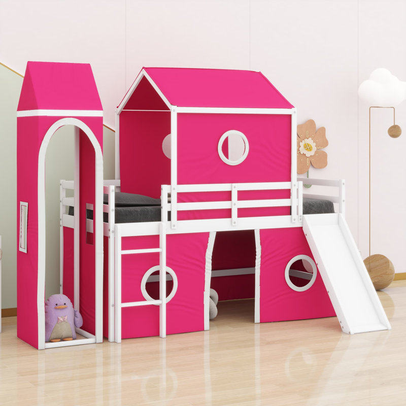 Lit mezzanine avec tente coulissante, Lit double, Rose