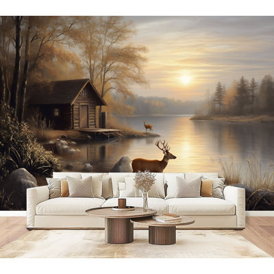 Papier peint auto-adhésif, cerf, automne, forêt rustique, chalet, animaux sauvages, chasse aux élans, peintures murales encadrées, H 69 po x l 96 po, papier peint amovible en PVC, peinture murale auto-adhésive, décoration pour le salon de la chambre à coucher