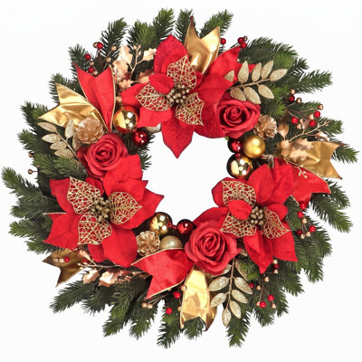 Couronnes de Noël de 17,7 pouces pour la porte d'entrée, couronnes d'hiver pour les décorations de Noël intérieures et extérieures, couronne de porte de Noël avec fleurs de Noël rouges et boule dorée, pommes de pin pour décoration de Noël