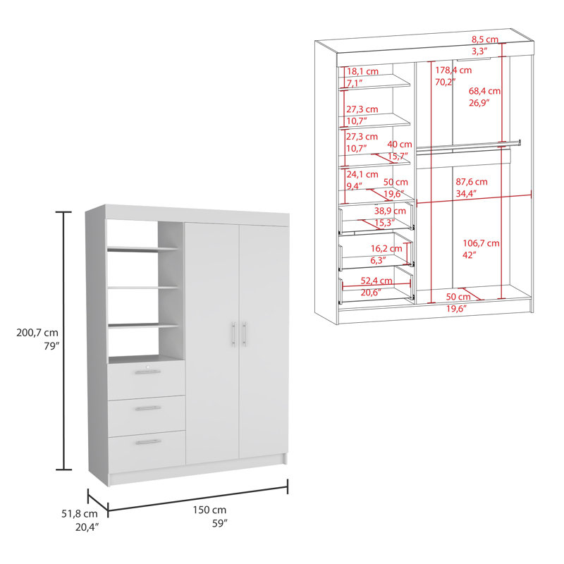 Ensemble de chambre à coucher, armoire et table de chevet 2 pièces Karval, blanc