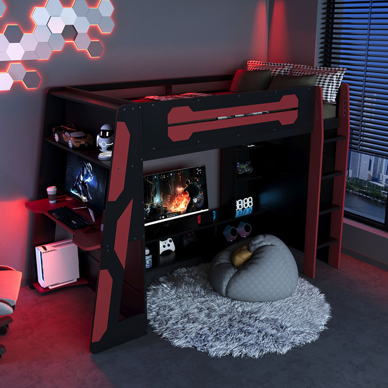 Lit mezzanine simple en bois avec bureau, tablettes multiples et lumière RVB, Rouge