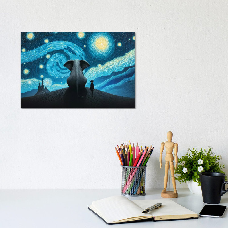 Elephant And Dog Looking At Starry Night by Mike Kiev - Gallery-Wrapped Canvas Giclée on Canvas, Does Not Apply