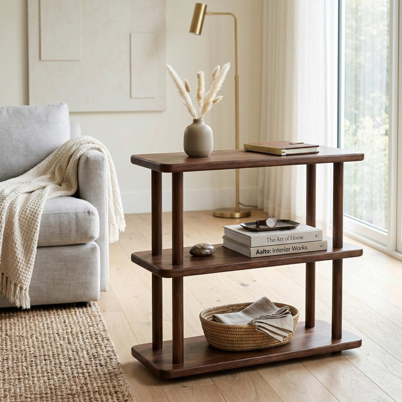 Table d'appoint rectangulaire à 3 niveaux en bois massif de couleur noyer foncé - 22 po