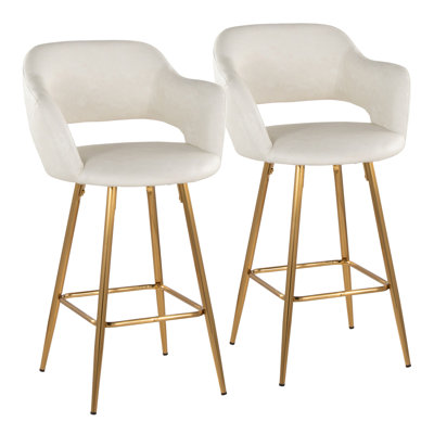 Tabouret de comptoir contemporain de 26 po de hauteur fixe en métal doré et similicuir crème avec repose-pieds carré en métal doré - ensemble de 2