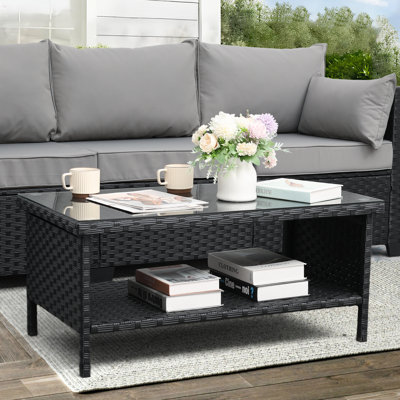 Outdoor Wicker Coffee Table Patio Table 2-layer Glass Tabletop with Furniture Cover by Latitude Run