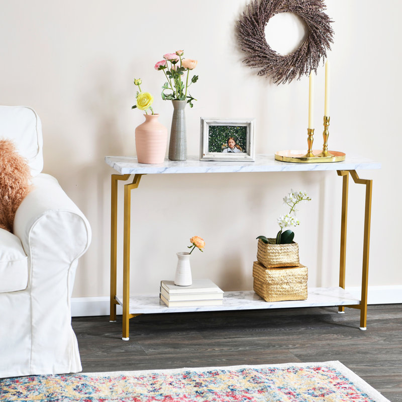Console en marbre avec base en fer, Plateau blanc / base or