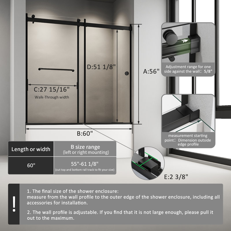 Bathtub Sliding Door 55"-60"W x 56"H 5/16" Tempered Glass Stainless Steel, Black