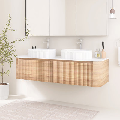 Meuble-lavabo mural cannelé 60 po avec double vasque en céramique, deux tiroirs et porte-serviettes 60 po