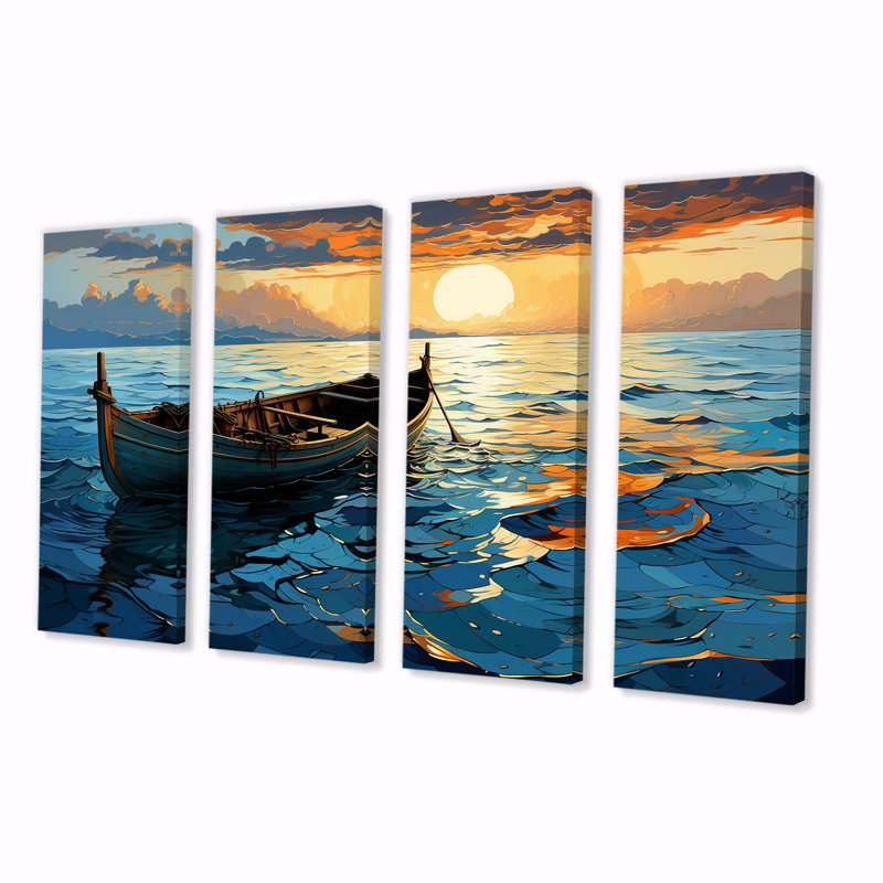 «Sunset Sea Boat Landscape - Coastal Boat», art mural 4 pièces, H 32 po x l 64 po