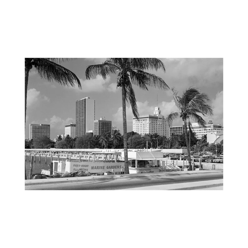 1970s Sightseeing Boat At Pier Day Light Skyline Palm Trees Miami Florida USA - Wrapped Canvas Print