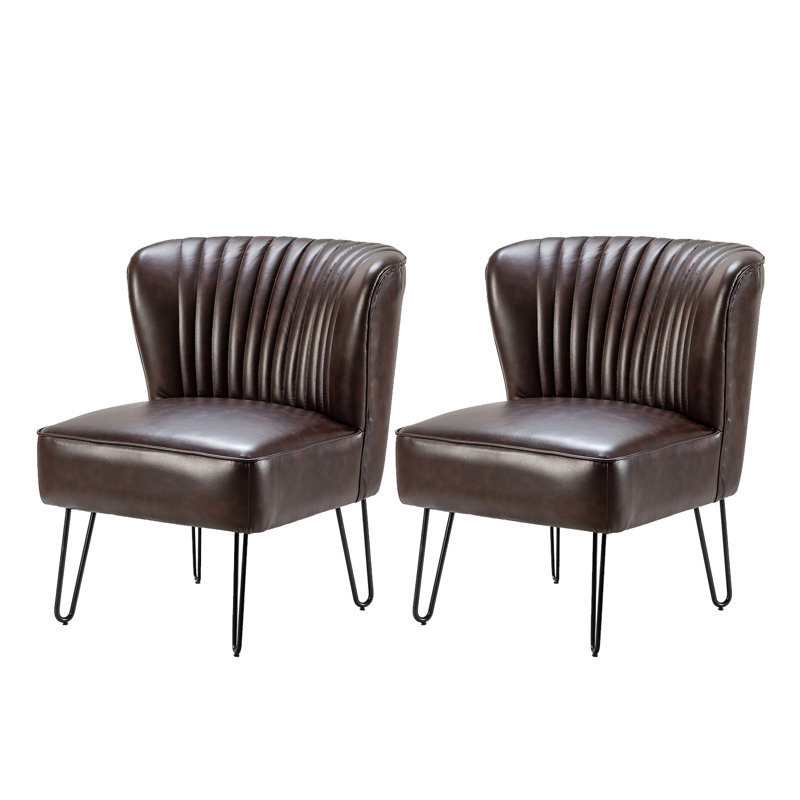 Euclid 26" W Faux Leather Tufted Side Chair With Metal Base, Brown Faux Leather