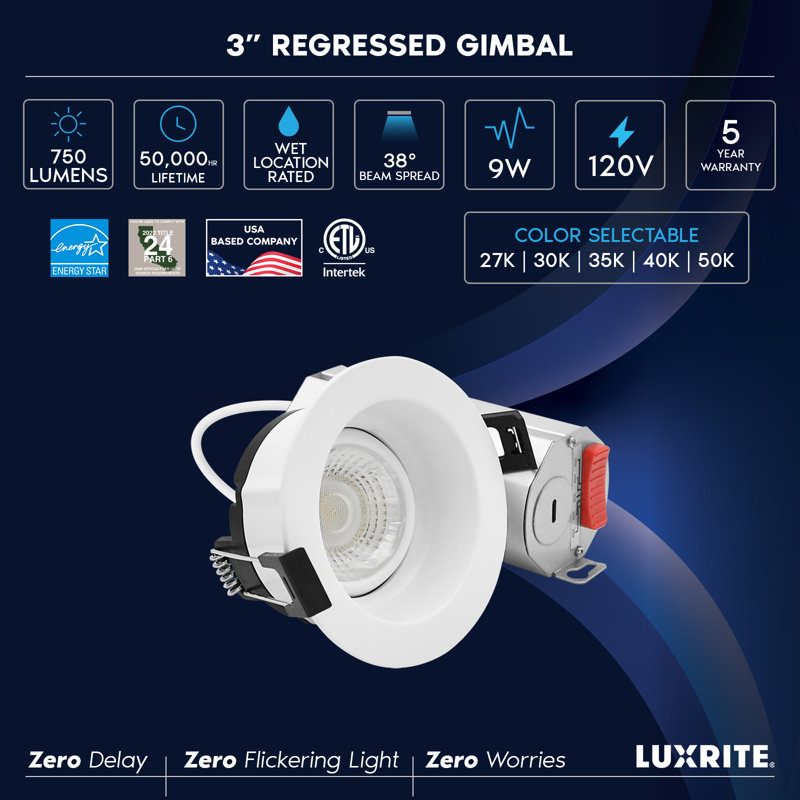 LuxRITE 3 po Lumière DEL à cardan régressé, 5CCT 2700K-5000K, 9W, 750LM, projecteur de plafond rotatif à 360º + 30º, à intensité variable, CRI90, classé IC, paquet ETL 12
