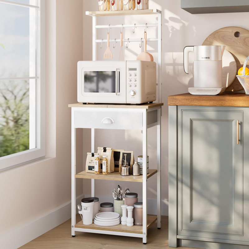 5 Tier Coffee Bar Station, Coffee Stand with Fabric Drawers, 8 S-Shaped Hooks, White/Natural
