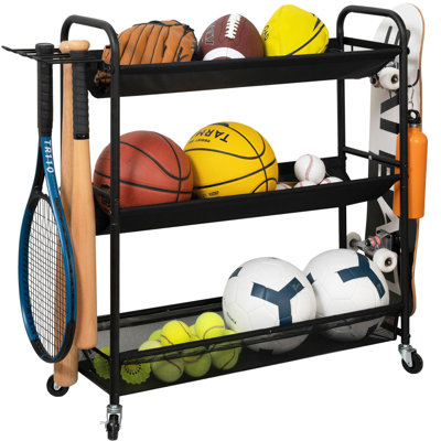 Basketball Rack 3Shelf Training Stand Ball Holder Sports Ball Cart Garage Organizer Ball Basket Storage Ball Rack For Garage Or Gym Indoor  Outdoo
