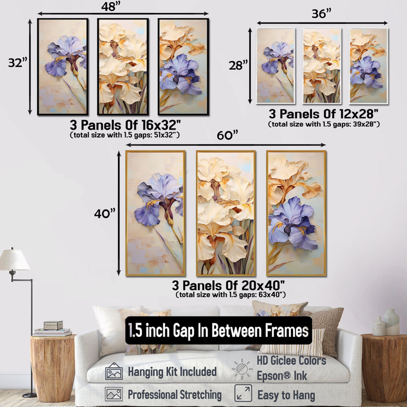 «Beige An Blue Minimalisme» Iris Serenity Blooms II - Iris, ensemble d'art sur toile, Cadre flottant noir