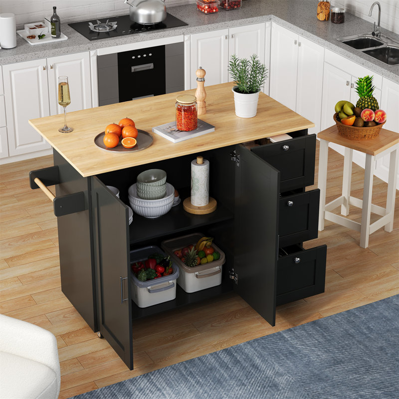 Kitchen Island With 3 Drawers And 2 Doors, Black