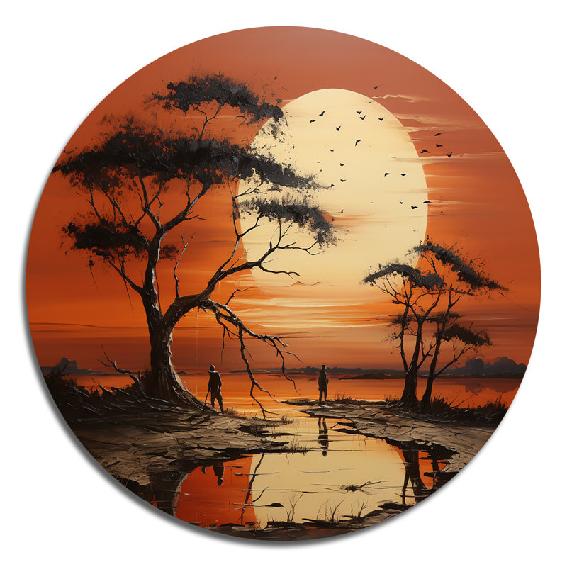 Coucher de soleil tribal africain I - art rond en métal, H 36 po x l 36 po
