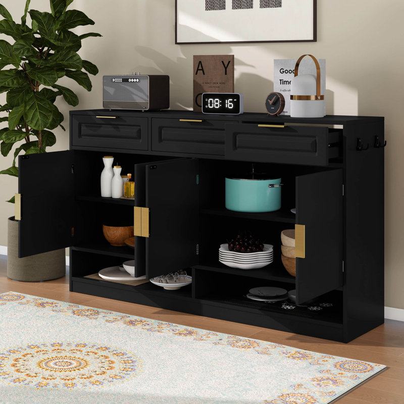 59.1" Farmhouse Sideboard Buffet With 3 Drawers & 4 Doors, Storage Cabinet With Adjustable Shelf & Open Compartments, Black