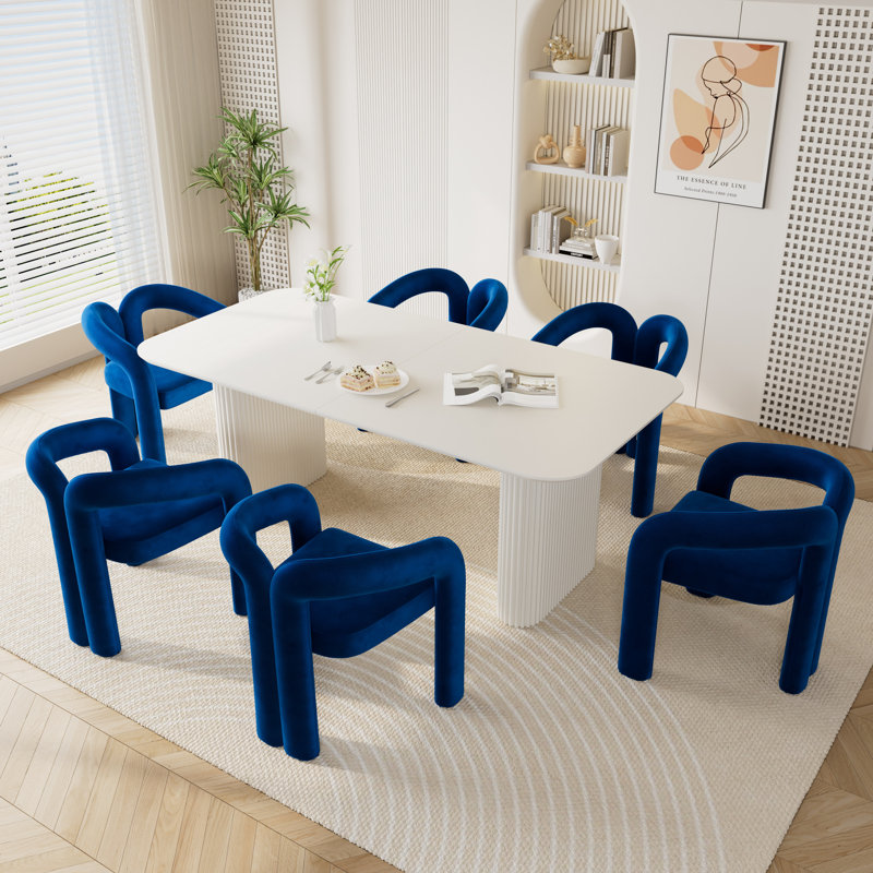 Ensemble de table de salle à manger moderne à double piédestal, Bleu, 7
