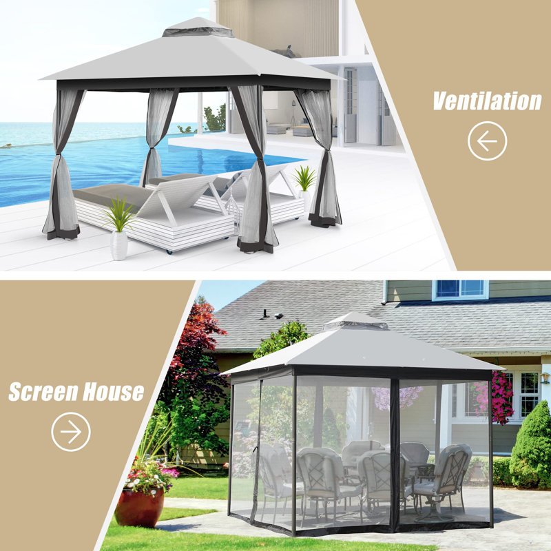 10 Ft. W X 10Ft. D Steel Patio Gazebo With Netting (Quick  Setup), Gray